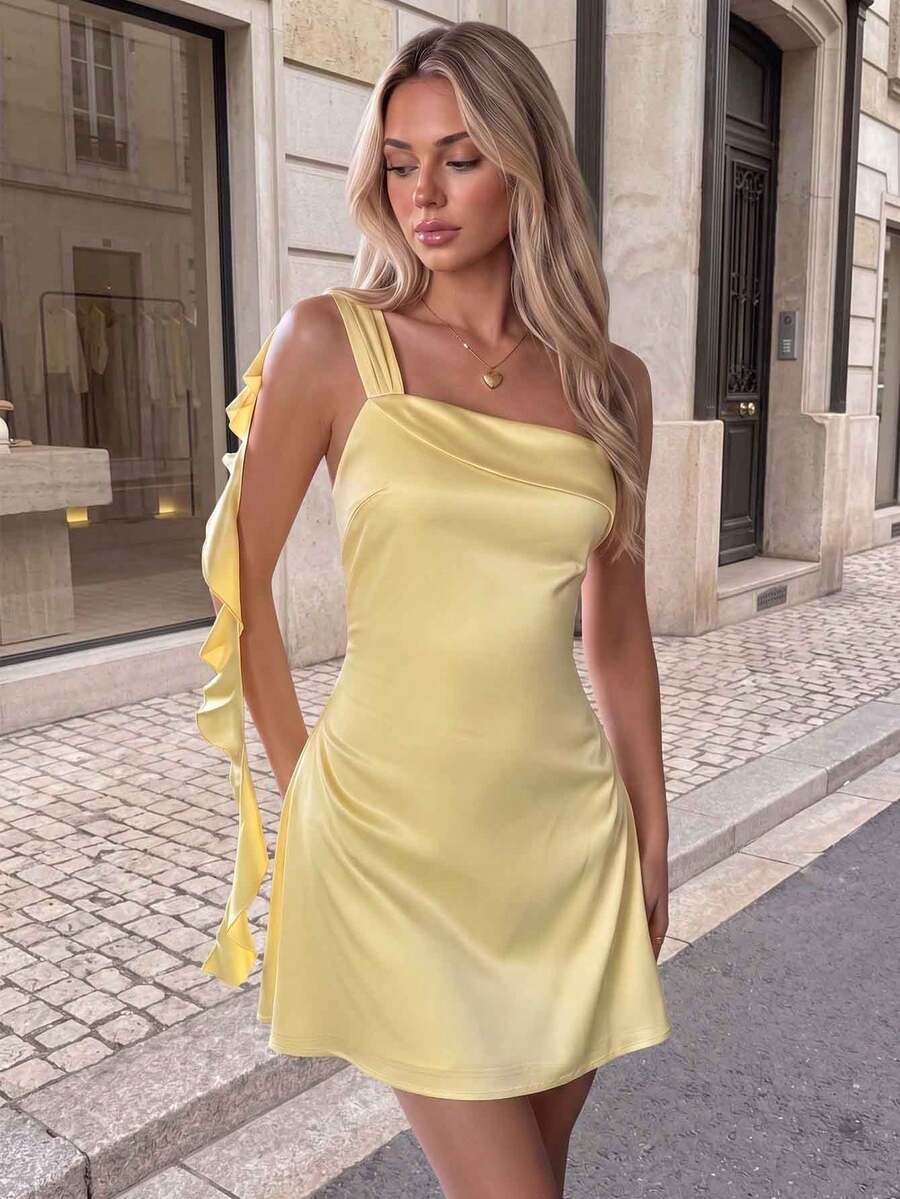 Solid Color Satin Dress With Shoulder Ruffle Tie Waist Design, Feminine Flattering Mini Dress For Dates, Parties, Beach Vacation Elegant Summer Yellow - Yellow - View 1