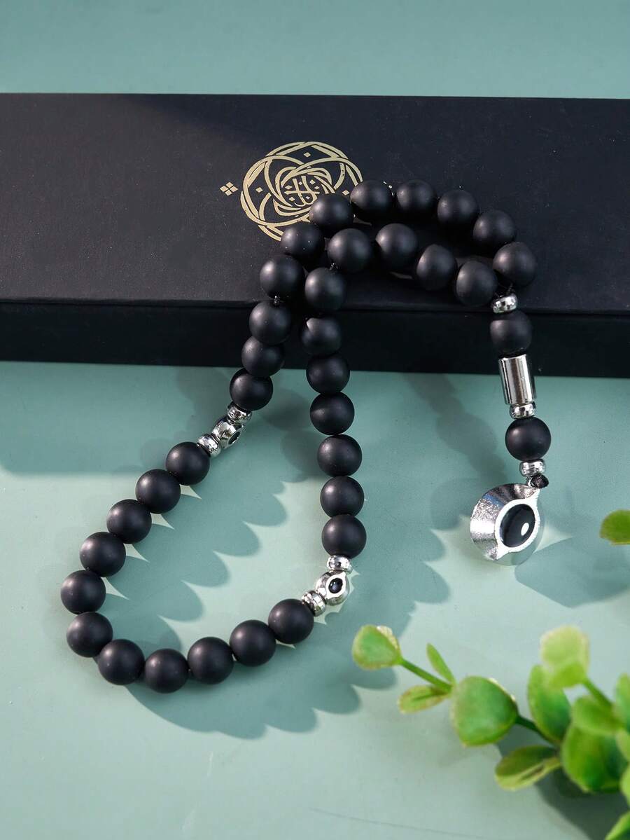 1pc Matte Frosted Black Round Beads Muslim Prayer Beads With Shiny Silver Water Drop Evil Eye Pendant Tasbih, Dual Sizes Available 33/99 Beads For Prayer And Chanting - Multicolor - View 1