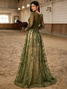 Autumn/Winter Elegant Sequin Leaf Embroidery Tulle Patchwork Pleated Knit 2 In 1 Long Dress, Illusion Long Sleeve Party Wedding Dress - Dark Green - View 4