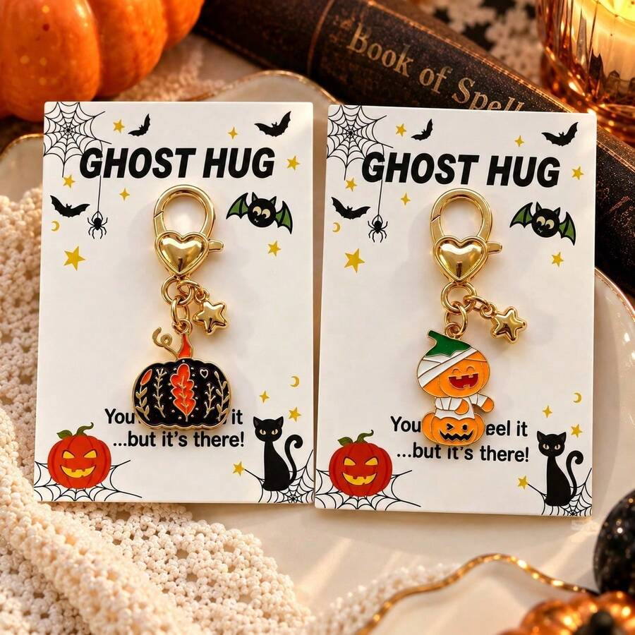 1pc/2pcs Unisex New Alloy Oil-Drip Halloween Pumpkin Star Pendant Keychain With Card Accessory, Halloween Gift, Creative Bag Charm, Wallet Accessory - Multicolor - View 1
