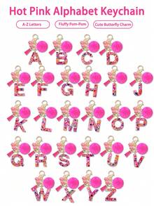 1pc Pink Letter Keychain, Initial Letter Car Key Chain Pendant, Cute Butterfly Tassel Fur Ball Charm For Girls Bag Key Ring Accessory, Halloween Gift Decoration, Suitable For Decorating Handbags, Wallets, Backpacks, Valentine's Day, Bachelorette Party Gift - Hot Pink - View 3