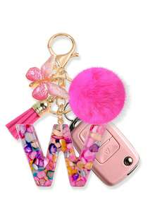1pc Pink Letter Keychain, Initial Letter Car Key Chain Pendant, Cute Butterfly Tassel Fur Ball Charm For Girls Bag Key Ring Accessory, Halloween Gift Decoration, Suitable For Decorating Handbags, Wallets, Backpacks, Valentine's Day, Bachelorette Party Gift - Hot Pink - View 7