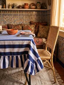 1pc Blue And White Wide Striped Tablecloth, Classic Country Style Fabric Material, Rectangular Double Layer With Ruffle Edge And Pleated Detail, Decorative And Functional For Home Kitchen, Dining Room And Daily Home Decor - Blue - View 3