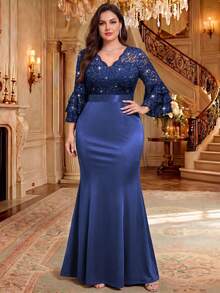 Plus Size Elegant V-Neck Sequin Floral Lace Patchwork Satin Ruffle Sleeve Mermaid Hem Formal Party Long Dress, Elegant Formal Ball Wedding Guest Gown - Navy Blue - View 5