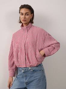 Women's Plaid Stand Collar Long Sleeve Flight Jacket - Red - View 5