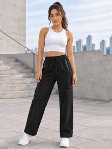 Women's Black Cargo Pants With Drawstring Elastic Waist, Wide Leg, Zipper And Flap Pockets, Casual Sport Style - Black - View 4