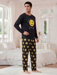 Set Pakaian Santai Pria - Kaos Lengan Panjang Bergambar Wajah Tersenyum + Celana Panjang Motif Wajah Tersenyum Kuning, Set Piyama Kasual 2 Potong, Sempurna untuk Bersantai - Hitam - View 4