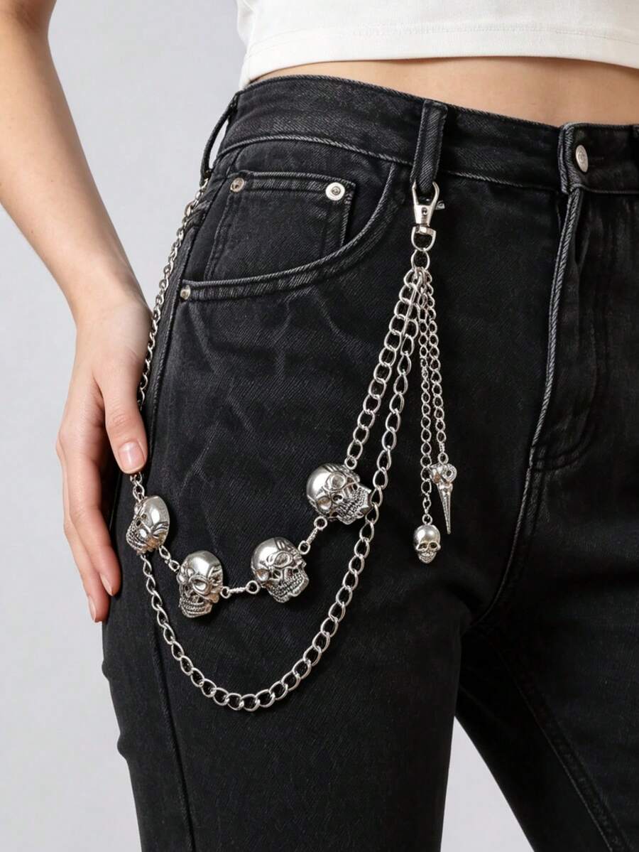 1pc Punk Skull Multi-Layer Pants Chain, Silver Metal Gothic Y2K Jean Waist Chain Accessory For Halloween Party - Silver - View 1