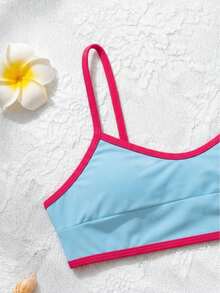 New Blue And Pink Color-Block Bikini Two Pieces Set For Beach, Vacation, Hot Springs, And Swimming - Multicolor - View 4