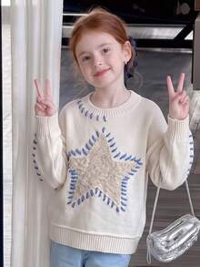 Girls Star Pattern Knit Sweater, Long Sleeve Crew Neck Pullover, Casual School & Daily Wear, Autumn/Winter Tween Girls Clothing - Apricot - View 1