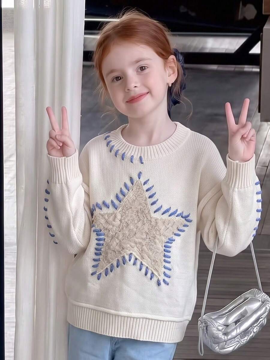 Girls Star Pattern Knit Sweater, Long Sleeve Crew Neck Pullover, Casual School & Daily Wear, Autumn/Winter Tween Girls Clothing - Apricot - View 1
