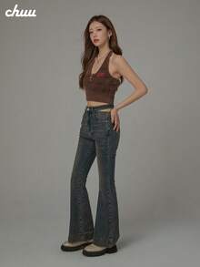 CHUU Heart & Letter Embroidered Tank Top Women Autumn Sweet Cool Slim Fit Fuzzy Knit Halter Neck Top - Coffee Brown - View 3