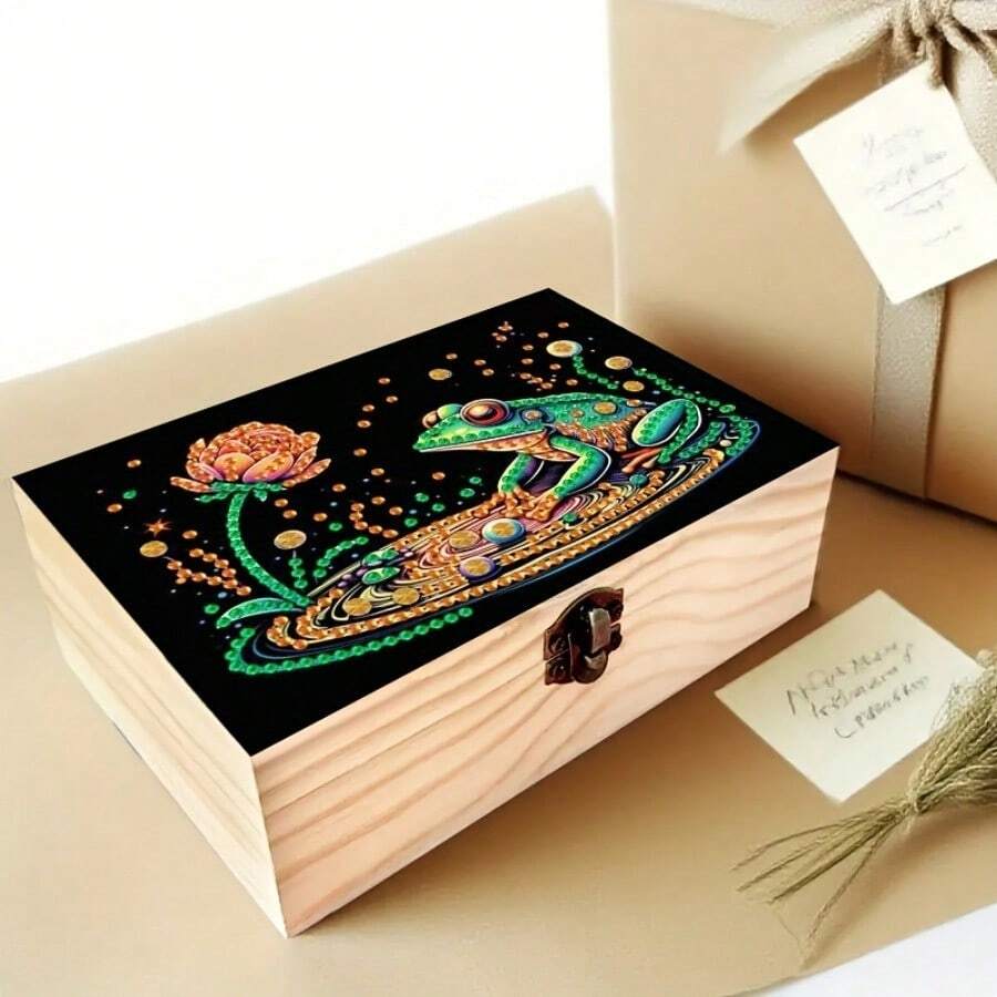 1pc Painting Art Set, Handmade Painting And Floral Pattern Lock Flip Wooden Box, Multi-Functional Storage Box, Jewelry Box, Artwork Decoration, Office Desk Organizer, Vanity Decor Accessory, Size S - Multicolor - View 1
