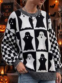 Curve Women Halloween Ghost Pattern Knitted Sweater, Black White Checkerboard Crew Neck Plus Size Pullover, Autumn Fashion Party Sweater - Black - View 2