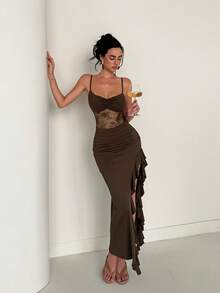 Women's Lace Splicing Sexy Spaghetti Strap Long Dress Ruffle High Slit Evening Gown Elegant Party Banquet Dress,Brown - Brown - View 5