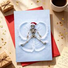 OBOVAY Skull Snow Angel Christmas Greeting Card, Funny Skeleton Wearing Santa Hat Making Snow Angel On Snowy Ground, Cool Gothic Style Holiday Design White Snow Background Unique Black Humor Style Greeting Card - A - View 7