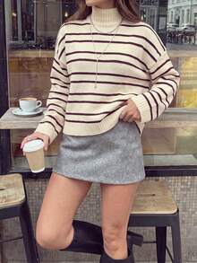 Women Summer Fall Black Stripe Turtleneck Loose Short Knit Sweater Top - Multicolor - View 3