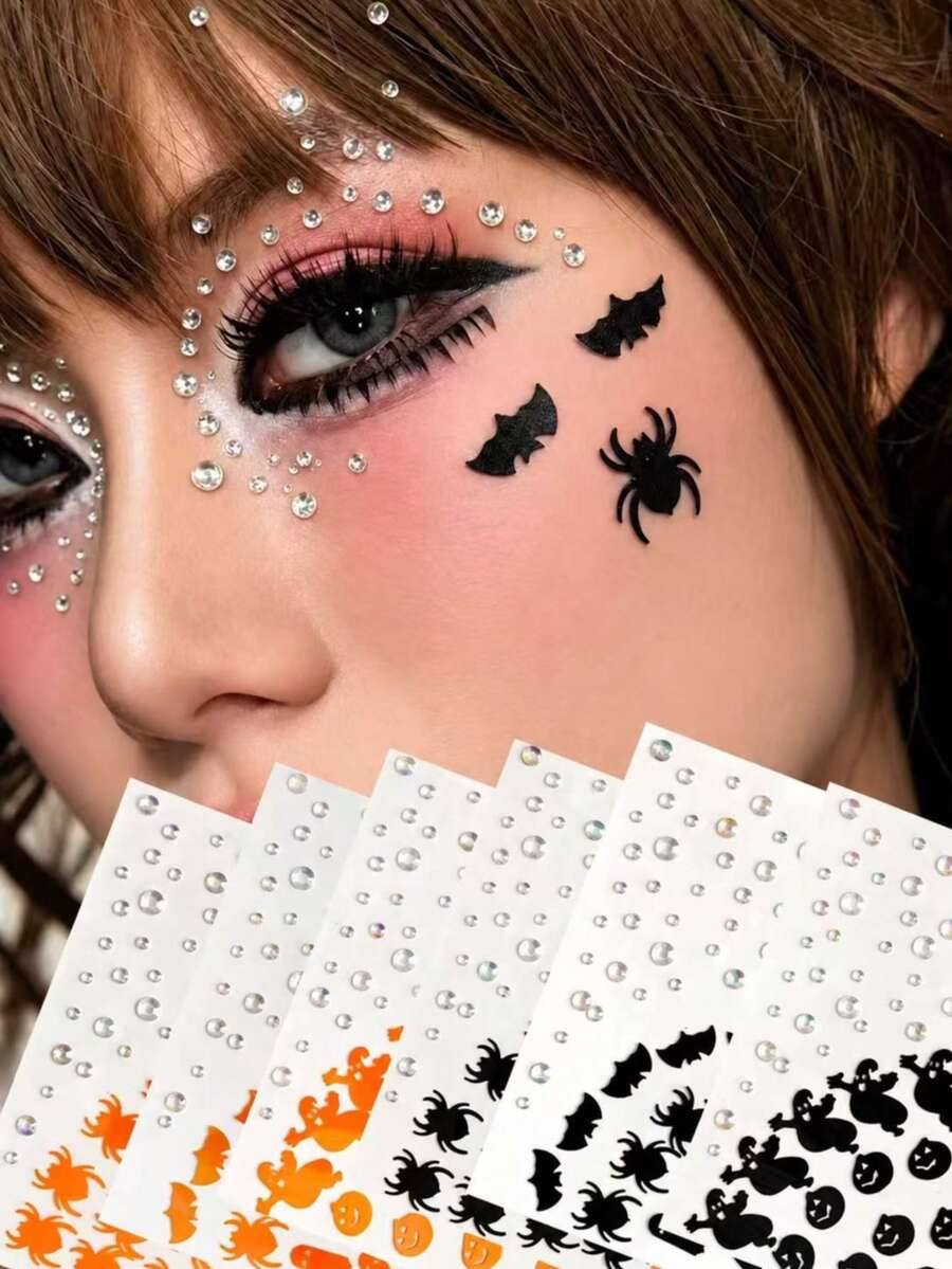 2/3 Sheets Halloween Orange Stickers Gems For Makeup, Pumpkin Spooky Spider Witch Face Jewels, Self Adhesive Face Eye Body Gems Stick On For Boo Rave Festival Accessories - Multicolor - View 1