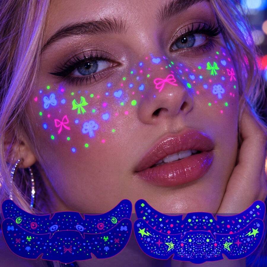 ملصقات وشم الوجه بنقاط النمش لعيد الميلاد نيون-4 قطع، تصميم نجمة وفيونكة دوامة مضيئة في الظلام، ملصقات وجه مؤقتة مضيئة مقاومة للماء، ديكور فن الجسم والوجه ذاتي اللصق لحفلات النوادي الليلية والرايف وحفلات كرنفال عيد الميلاد