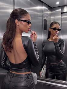 Women's Casual PU Backless Slim Fit Cropped T-Shirts For Winter/Fall Daily Wear,Winter Fall Outfit,Winter Fall Clothes,Going Out,Black - Black - View 1