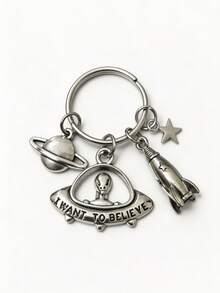 1pc New Silver Alien UFO Keychains Set, I Want To Believe Space Planet Rocket Star Charm, Key Rings, Car Bag Pendant, Sci Fi Holiday Gift - Multicolor - View 8