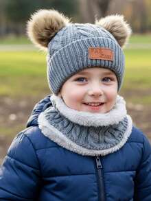 2pcs/Set 1-5Y Double Ball Letter Knit Hat + Plush Scarf 2 Pieces Set, Warm Autumn/Winter Outdoor Knit Hat Set - 2pcs - View 5