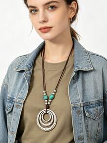 1pc Bohemian Style Long Necklace For Women, Multi-Layer Circle Decor Neck Chain, Personalized Versatile Beaded Necklace, Halloween Holiday Gift Accessory, Couple Gift - Beads - View 4