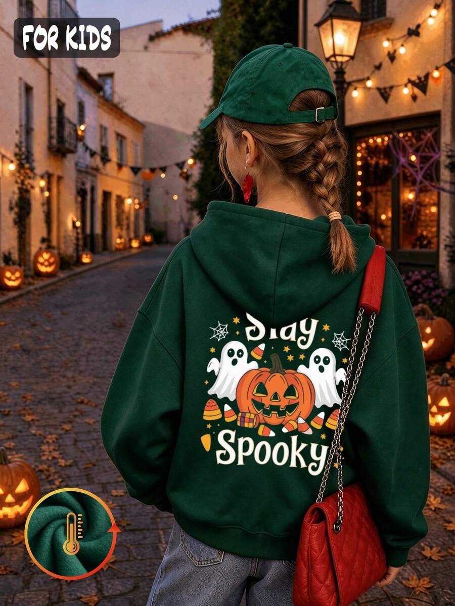 Halloween Autumn Winter Girls' Hooded Fleece Sweatshirt With Pumpkin, Ghost, Candy Print And "Stay Spooky" Text, - Dark Green - View 1