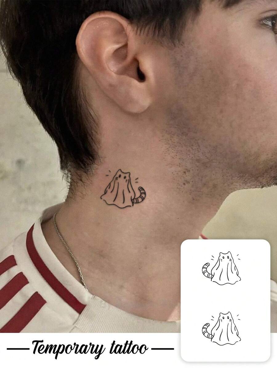 1pc Temporary Tattoo Sticker, Line Art Ghost Cat Pattern, Realistic Fake Tattoo Design, For Daily Wear, Bachelorette Party Favors, Music Festival, Game, Graduation Gift, Lasts 3‑5 Days - Black - View 1