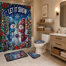 1pc/4pcs Holding Hands Snowman Pattern Multifunctional Bathroom Decor Shower Curtain Set, Free 12 Hooks, Premium Holiday Atmosphere, Bathroom Mat, U-Shaped Floor Mat And Round Toilet Lid Cover, Suitable For All Occasions, Bathroom Set - Holding Hands Snowman - View 4