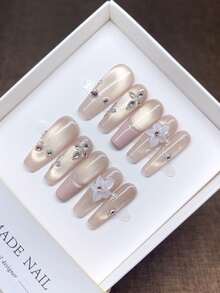 Handmade Press-On Nails, Square Shape, Hand-Painted Personalized French Cat Eye French Western Bohemian Style Manicure, Y2K Style Nails, Niche Creative Press-On Nails, Autumn And Winter Daily Manicure, Detachable And Reusable. - Multicolor - View 4