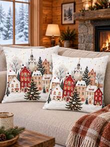 shangxia 2PCS--Nordic Snowy Town Cushion Covers, Hand-Painted European Style Small House Home Decor Pillowcases--(Pillow Insert Not Included)-(Multiple Sizes) - Multicolor - View 8
