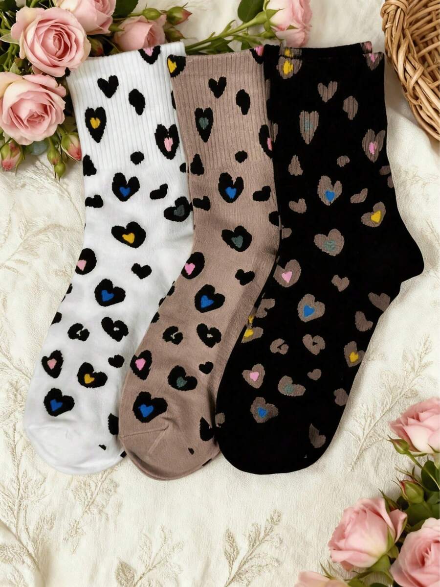 6雙女款愛心豹紋中筒襪,柔軟休閒中筒襪,可愛彩色愛心圖案女孩日常穿著襪子 - 彩色 - 查看 1