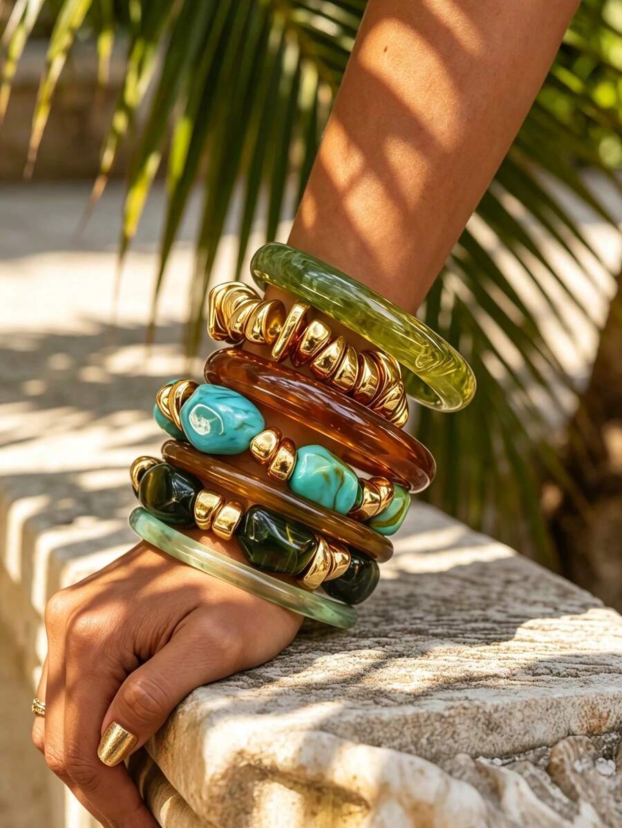 7pcs Fashionable Luxurious Y2K High-End Unique Shiny Glossy Multi-Purpose Vintage Elegant Green Resin Amber Gold Metal Beaded Bracelet Set, Suitable For Women's Daily Wear And Holiday Parties - Multicolor - View 1