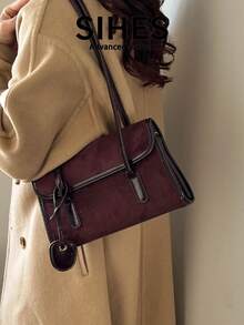 1pc Solid Color Suede New Women's Bag, Shoulder Bag, Fashion Square Handbag, Baguette Bag, Magnetic Closure, Dual Handles, Suitable For Commuting, Shopping, Dating, Shopping - Coffee - View 4