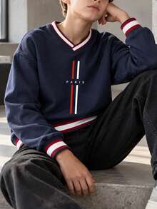 Tween Boy 1pc Contrast Color Print Crew Neck Sweatshirt, Unisex Kids' Clothing, Matching Outfits For Siblings, Best Friends, And Family, Long Sleeve Top For Young Students, Suitable For Autumn And Winter - Navy Blue - View 2