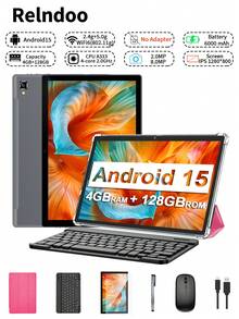 Relndoo Tablet Android 2026, 10,1 inci dengan keyboard, RAM 24GB (4GB + 20GB) + ROM 128GB, prosesor 4-core 2.0 GHz, Wi-Fi 6, Android 15, layar sentuh HD 1280*800, kamera ganda, baterai 6000mAh, dilengkapi dengan keyboard, mouse, stylus, dan casing gratis (Tanpa Adaptor). - Berwarna merah muda - View 1
