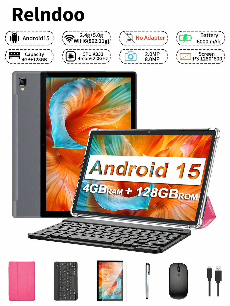 Relndoo Tablet Android 2026, 10,1 inci dengan keyboard, RAM 24GB (4GB + 20GB) + ROM 128GB, prosesor 4-core 2.0 GHz, Wi-Fi 6, Android 15, layar sentuh HD 1280*800, kamera ganda, baterai 6000mAh, dilengkapi dengan keyboard, mouse, stylus, dan casing gratis (Tanpa Adaptor). - Berwarna merah muda - View 1