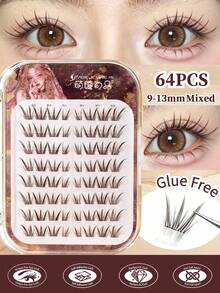 MENGJIESHANGPIN 64pcs Glue-Free Self-Adhesive Fox Eyelashes Seductive Fox-Eye Wispy Lash Clusters Natural Extension Look Easy Apply - View 1