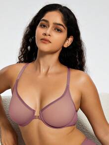 Deyllo Bra Wanita Transparan Model V Dalam dengan Penutup Depan dan Kawat Penyangga, Desain Belakang Silang, Ringan & Bernapas - Lilac Purple - View 3