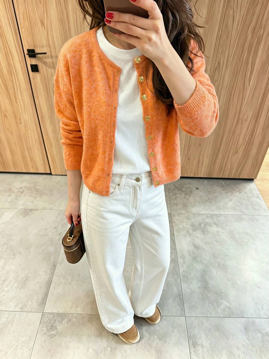 Orange Women's Early Autumn New Knit Cardigan, Lazy Loose Drop Shoulder Round Neck Single-Breasted Short Sweater, Minimalist Round Neck Metal Button Daily Commute Short Sweater - Orange - View 1