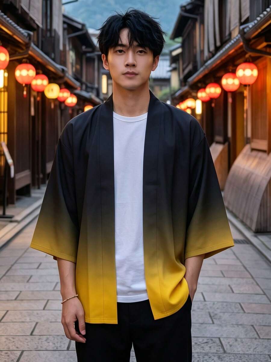 男士復古漸層日式印花開襟衫襯衫 - 100%聚酯纖維輕量寬鬆無領設計,春夏秋防曬披肩,可機洗,時尚禮物,季節性,耐用構造,時尚遮蓋,中國尺寸,請仔細檢查尺寸表 - 黃色 - 查看 1