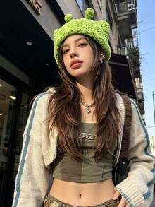 1pc Women's Alien Handmade Knitted Hat, Green Alien Antenna Knitted Hat, Suitable For Hip-Hop Street Punk Party - A - View 4