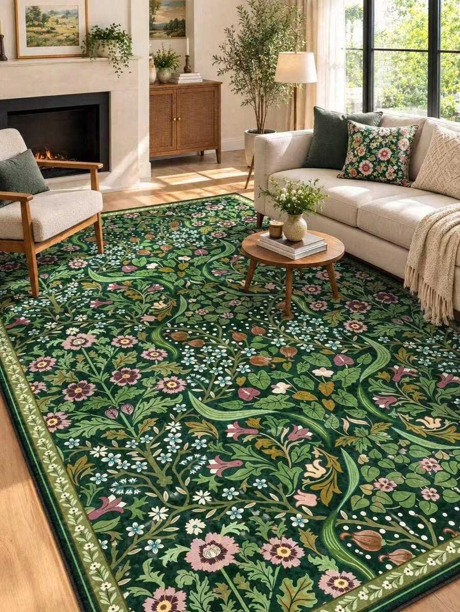 1pc Bohemian Modern Paris Garden Floral Carpet, Suitable For Living Room, Non-Slip Rust Red Printed Vintage Farmhouse Rug, Suitable For Bedroom, Dining Room, Dorm, Office, Home Decor - Dark Green - View 1