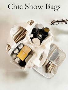 Quilted Stitch Texture With Multi-Pocket Partition Storage,Double Handle Makeup Bag,Women Home Travel & Commute Organizer Bag,Minimalist Accessory - Beige - View 1