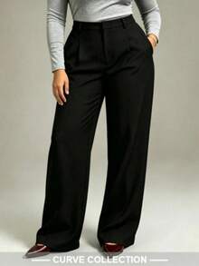 Women's Plus Size Black Straight Leg Pants, Slightly Stretchy, Versatile All-Match Style, Suitable For Daily Wear - Black - View 4