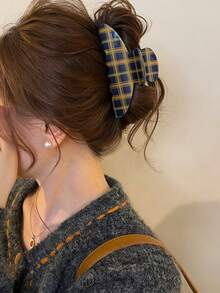 1pc Women's Vintage Color-Block Plaid Curved Large Hair Claw Clip Hair Accessory, Versatile For Daily/Date/Commute - Multicolor - View 3