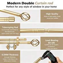 1 Set Double Rod Curtain Rod Kit, Metal Adjustable Splice Double Rod Curtain Rod Set, Suitable For Windows, Comes With Brackets, Perfect For Bathroom, Bedroom And Living Room Blackout Curtains (Gold) - American Style Double Rod - Gold - View 5
