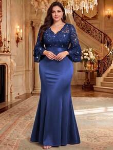 Plus Size Elegant V-Neck Sequin Floral Lace Patchwork Satin Ruffle Sleeve Mermaid Hem Formal Party Long Dress, Elegant Formal Ball Wedding Guest Gown - Navy Blue - View 6