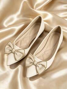 Pointed Toe Low Vamp Bow Flat Shoes, Delicate Satin Texture Soft And High-End, Versatile Shoes. - Off White - View 1